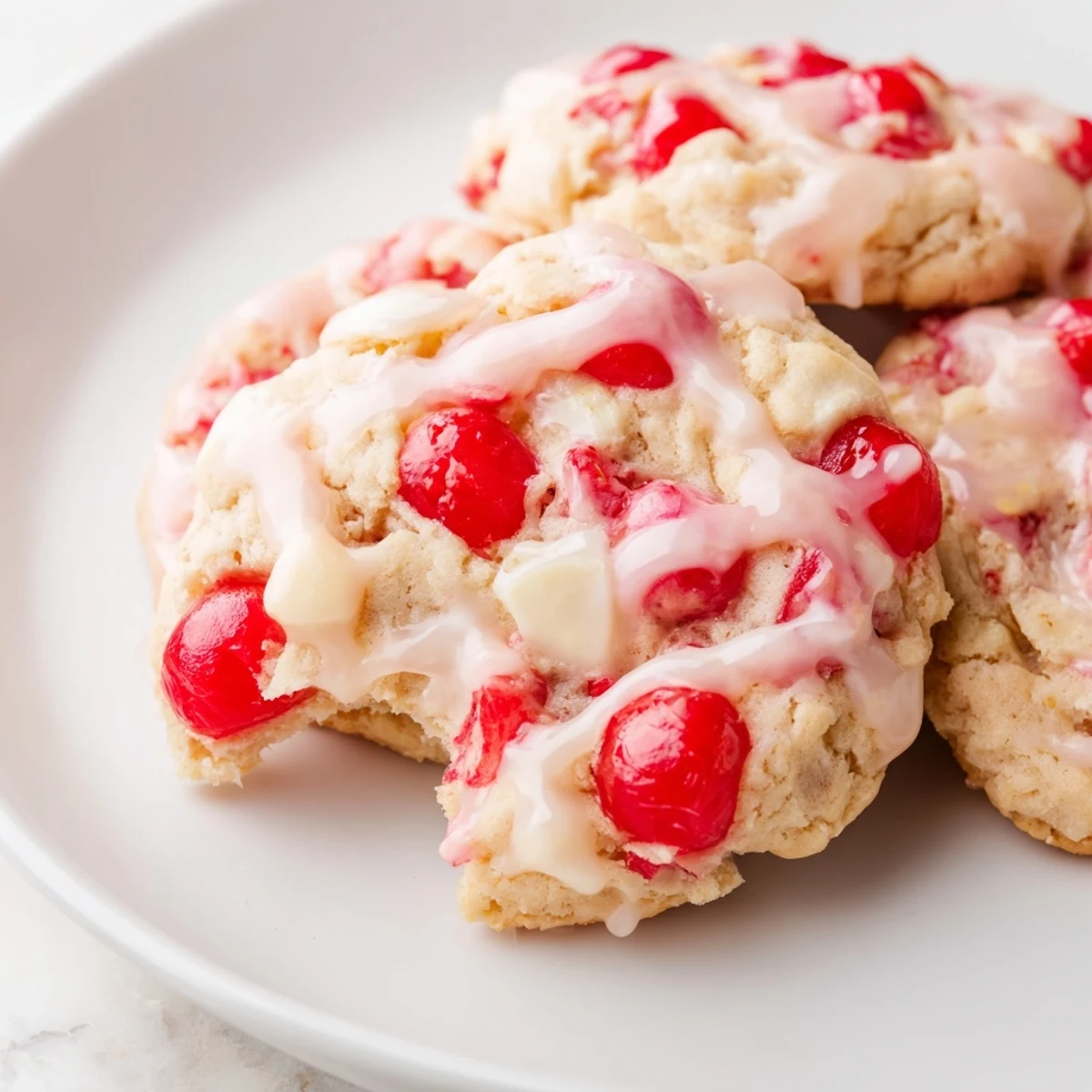 Brightly lit photo showing Irresistible Maraschino Cherry Cookies with chewy texture and white chocolate chips.