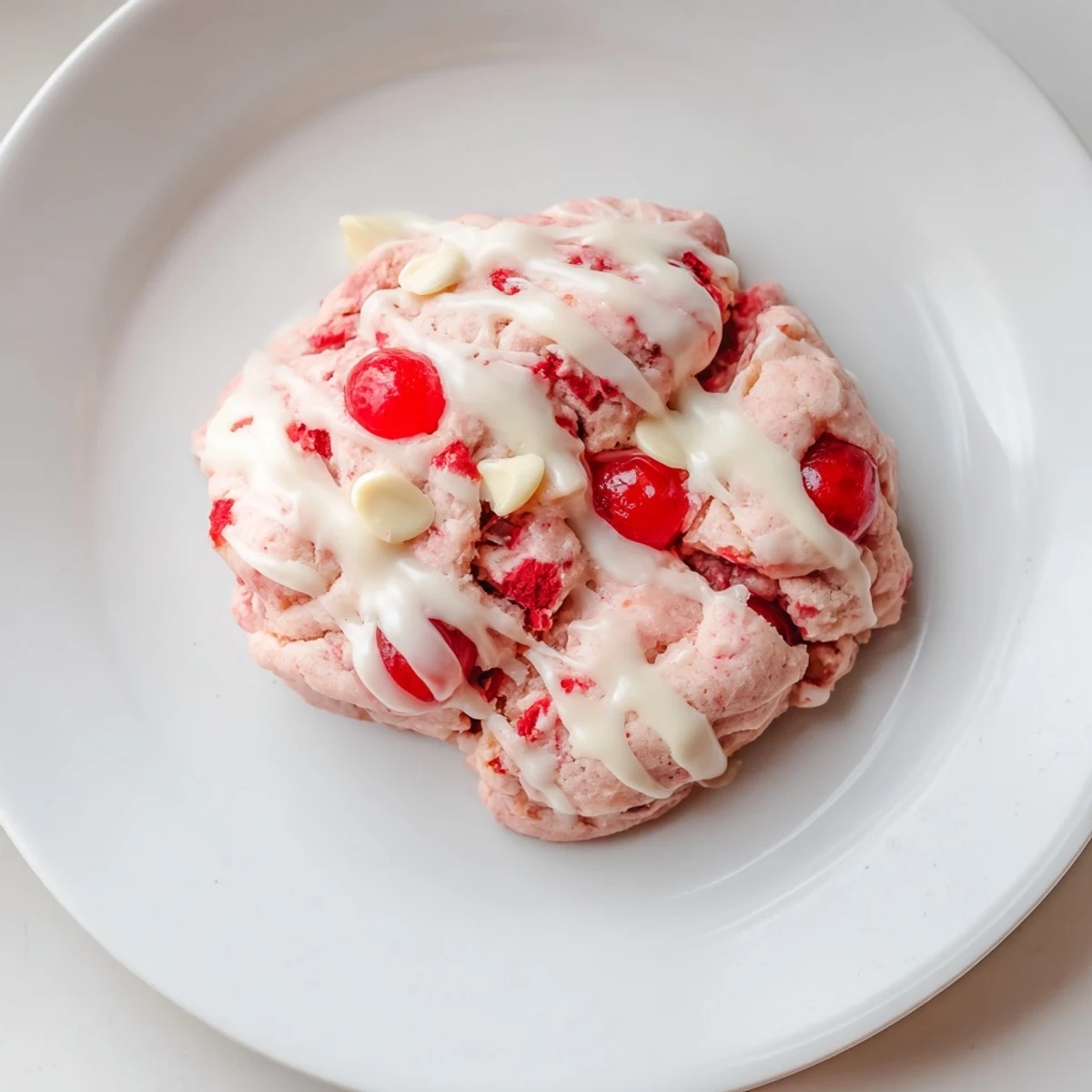 Close-up of Irresistible Maraschino Cherry Cookies on a cooling rack with pink glaze drizzle.