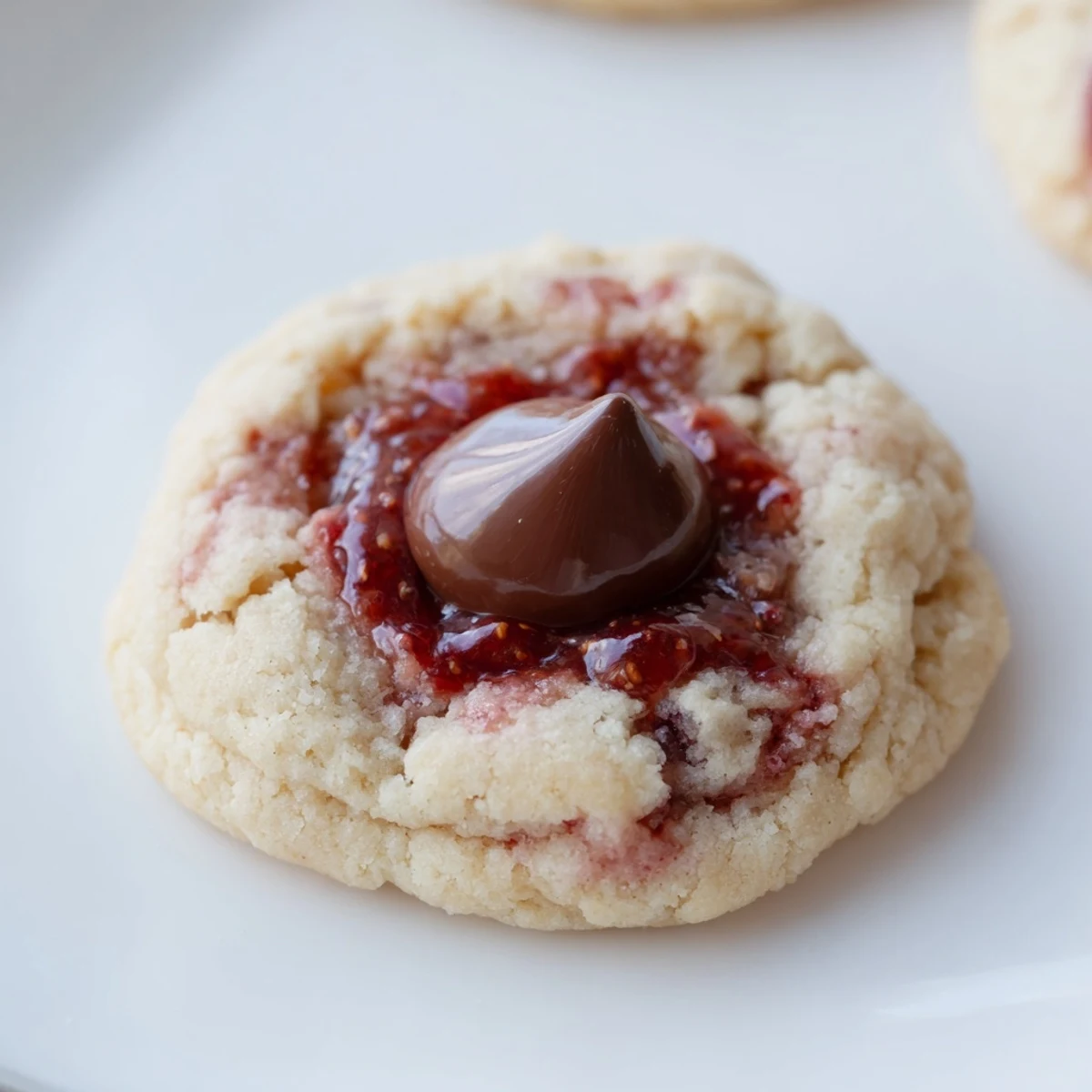 Strawberry Kiss Cookies with melted chocolate and fresh strawberry bits on a rustic plate.