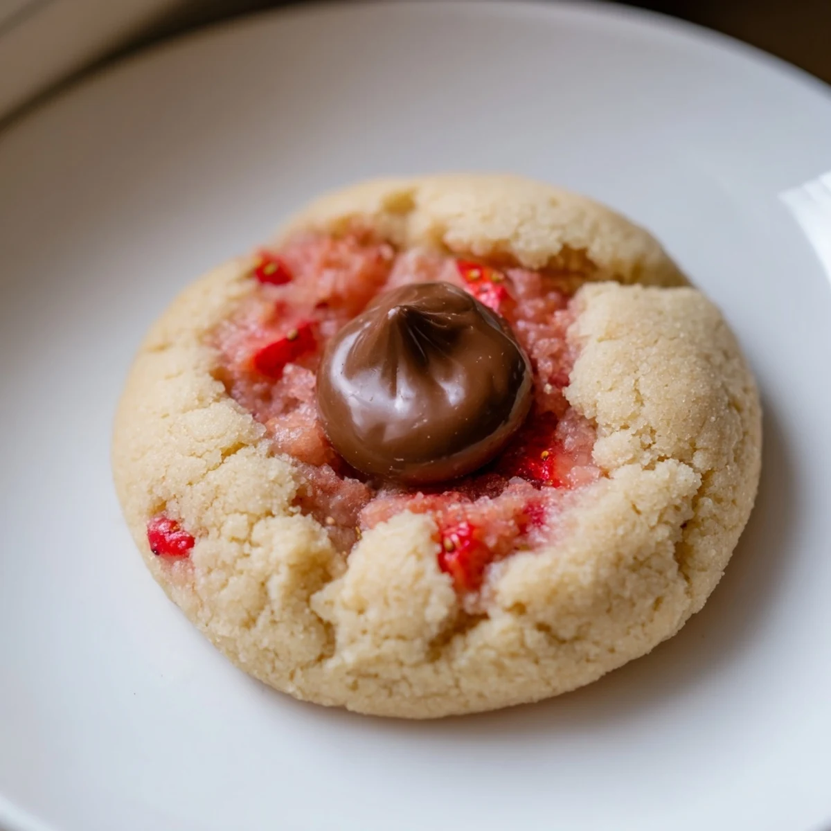 Fresh-baked Strawberry Kiss Cookies showing jammy centers and chocolate on a cooling rack.