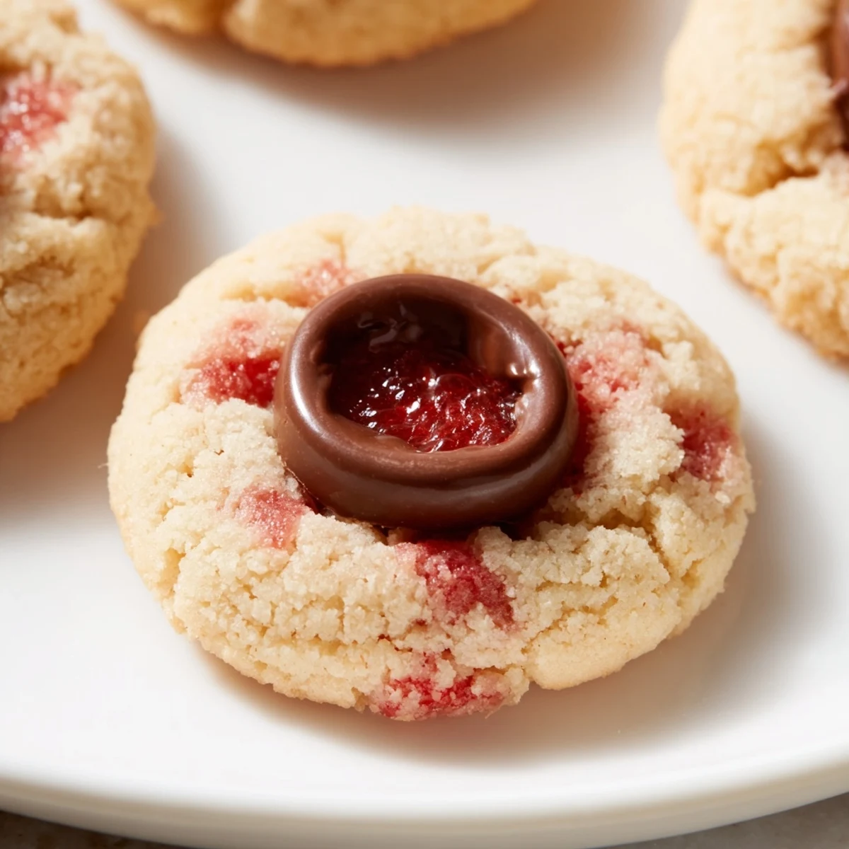 Close-up of Strawberry Kiss Cookies with red strawberry flecks and chocolate on a wooden table.