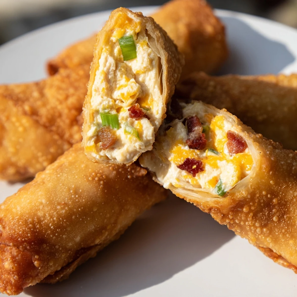 A close-up of Bacon Jalapeno Popper Eggrolls reveals melted cheddar cheese and smoky bacon inside.