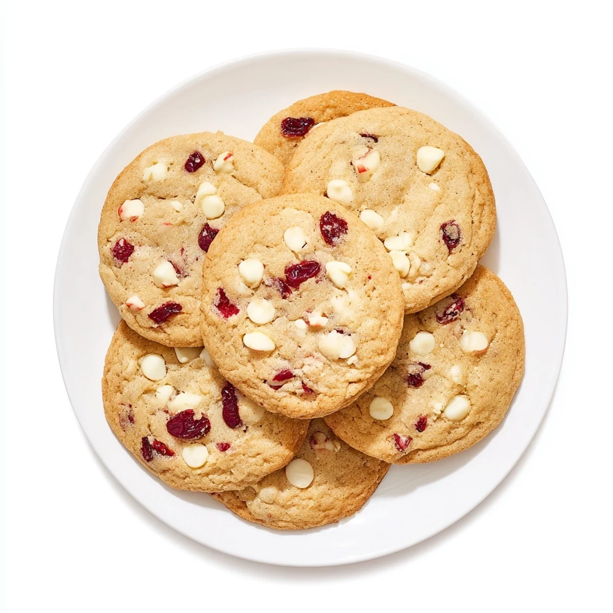 A close-up of warm White Chocolate Cranberry Cookies showing melted white chips and chewy red cranberries on a festive plate.