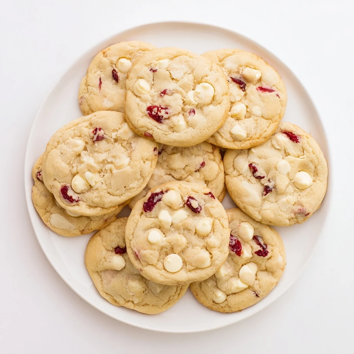 White Chocolate Cranberry Cookies stacked on a cooling rack after baking, with soft centers and golden edges in a cozy kitchen.