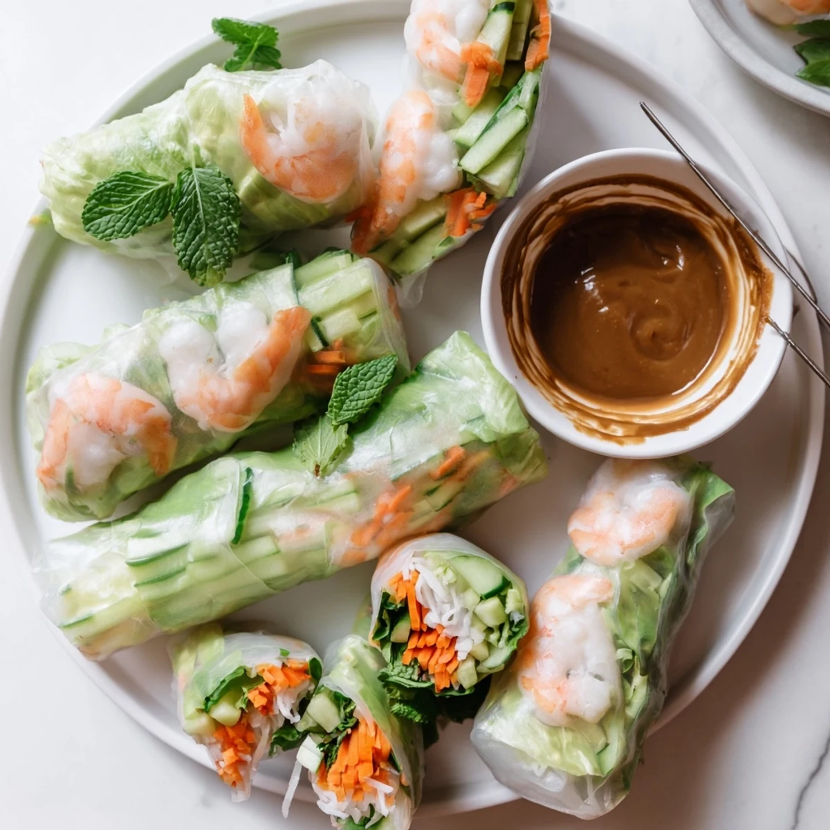 Savory Vietnamese Spring Rolls with shrimp, crisp veggies, and herbs on a plate beside peanut dipping sauce.