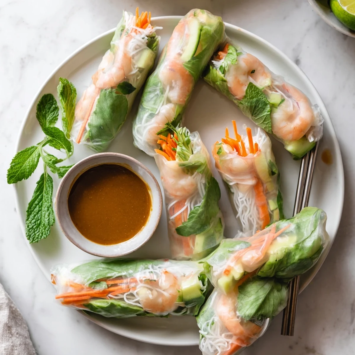 Colorful Vietnamese Spring Rolls arranged neatly with lettuce and shrimp, ready to dip into a creamy peanut sauce.