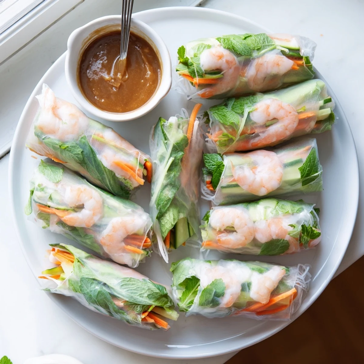 Freshly rolled Vietnamese Spring Rolls filled with rice noodles, carrots, cucumber, and mint leaves, served with peanut sauce.