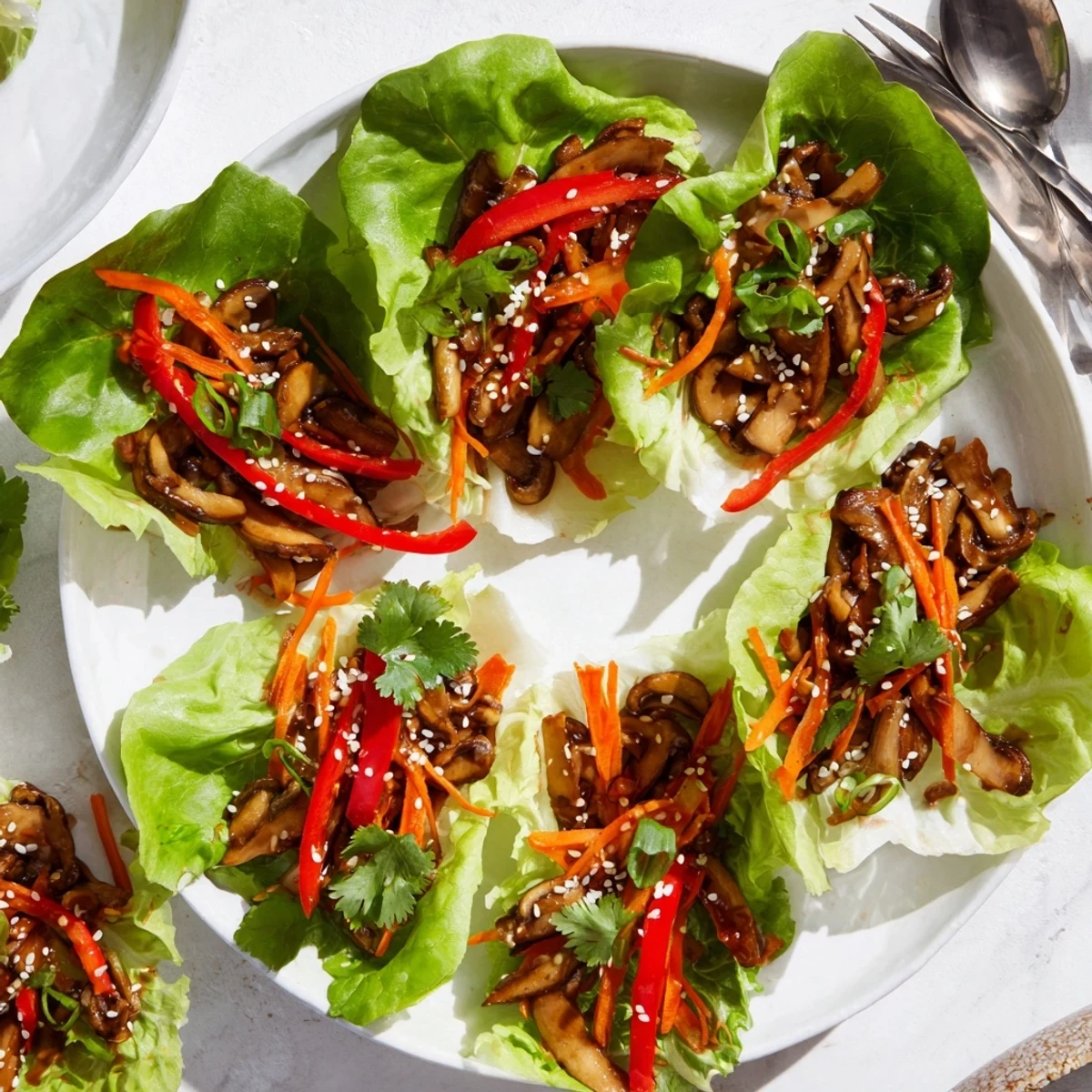Fresh Shiitake Mushroom Lettuce Wraps filled with sautéed mushrooms and crisp veggies on butter lettuce leaves.  