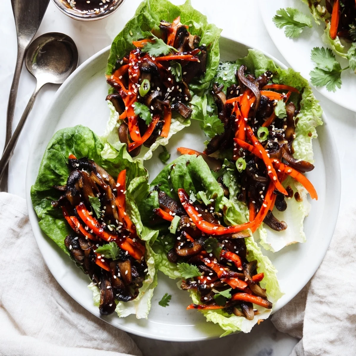 Savory Shiitake Mushroom Lettuce Wraps garnished with sesame seeds and cilantro, ready to serve as an appetizer.  