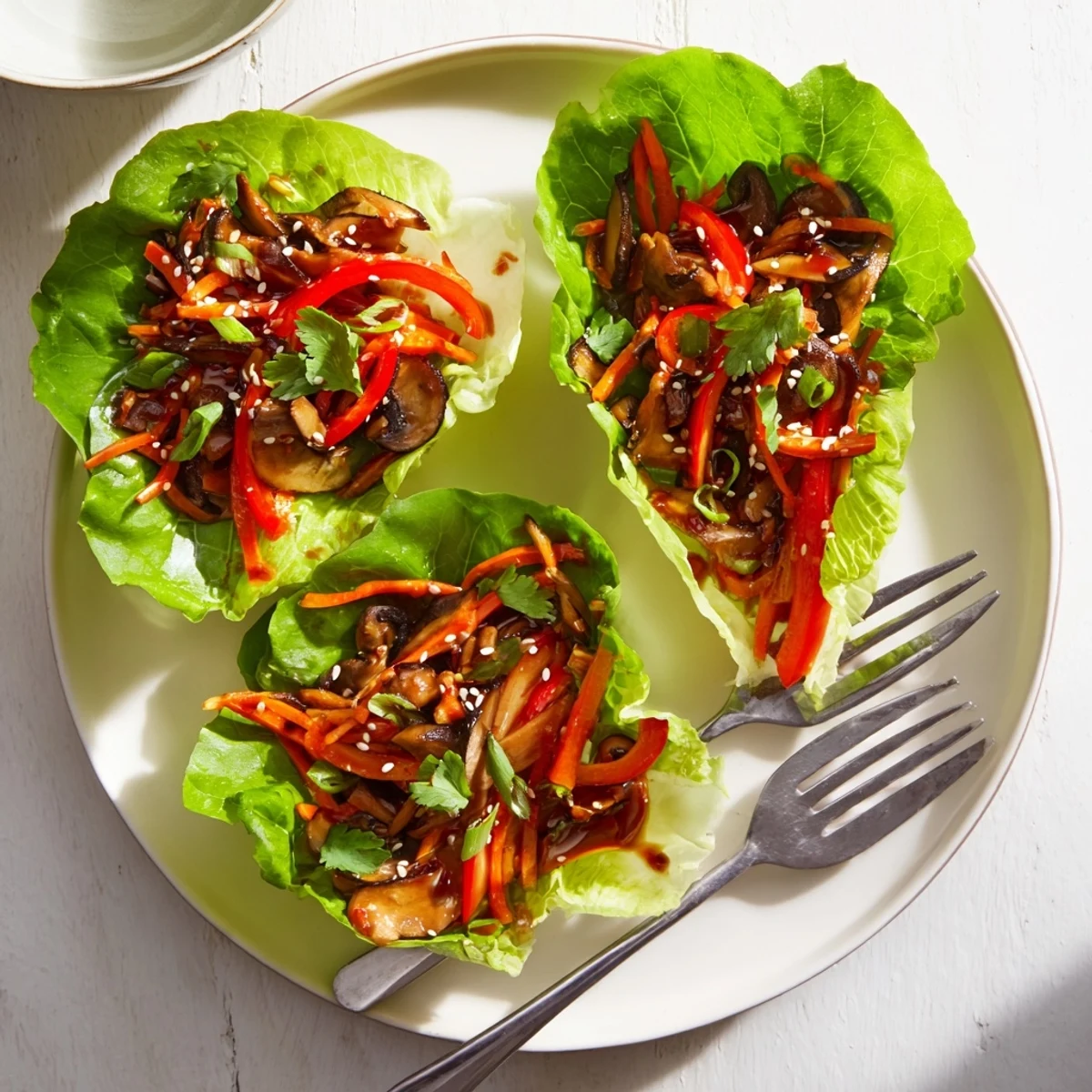 Steaming Shiitake Mushroom Lettuce Wraps packed with colorful carrots, peppers, and Asian-inspired sauce in lettuce cups.