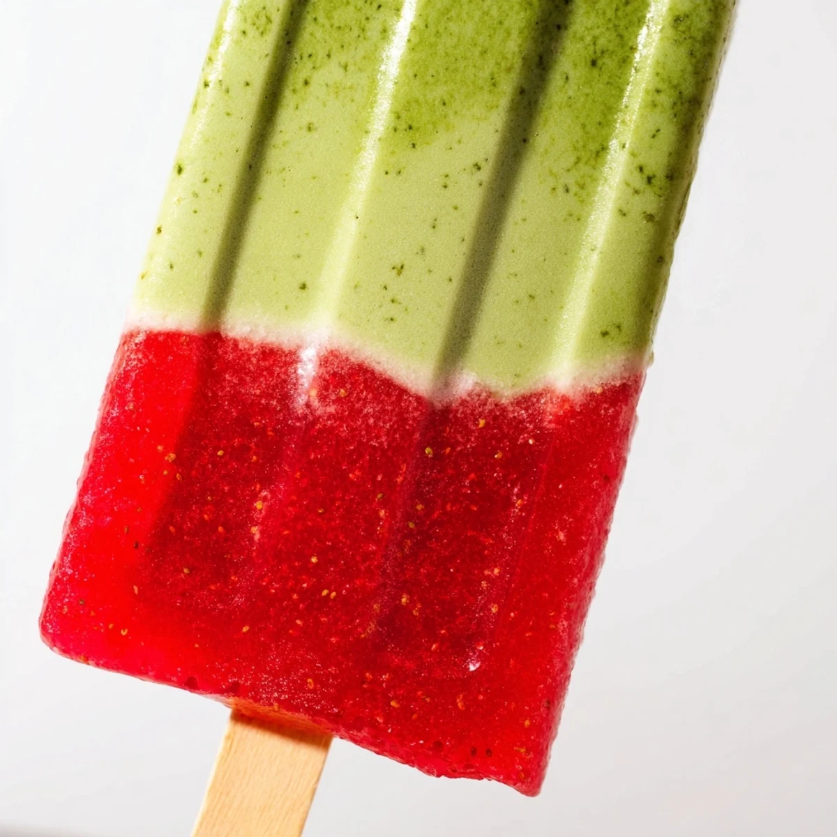Homemade Strawberry Matcha Latte Popsicles in molds, highlighting layered texture for a refreshing summer treat.
