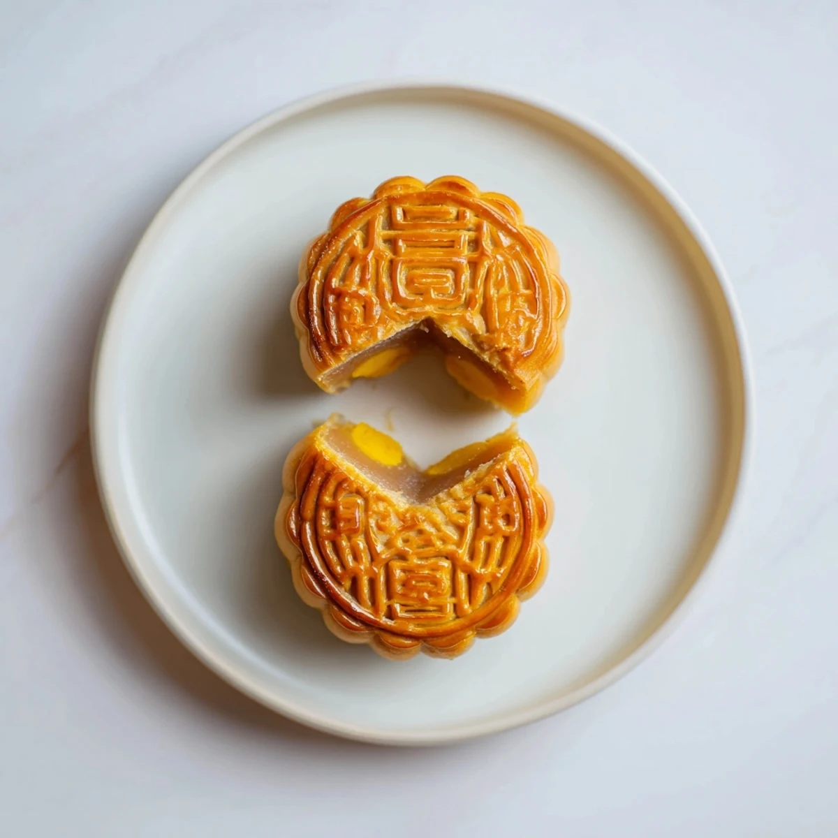 Golden-brown Mooncake with rich lotus seed filling and intricate stamped design on a baking tray.