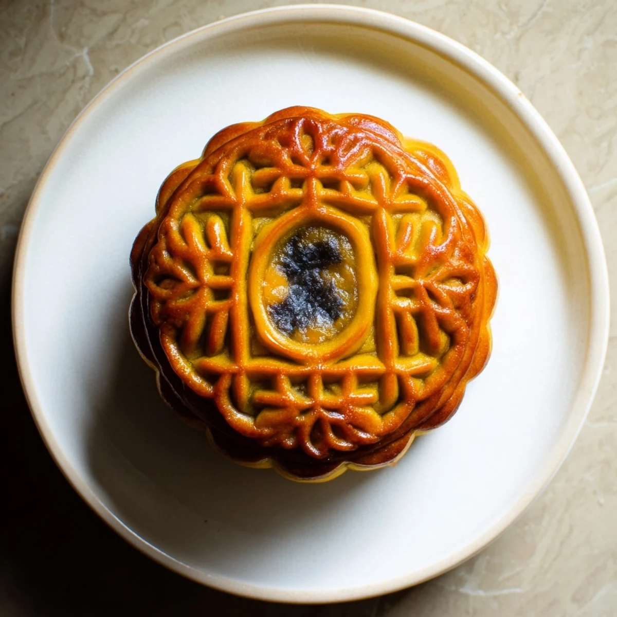 Traditional Mooncake with egg yolk center, sliced to show dense filling next to fragrant Chinese tea.