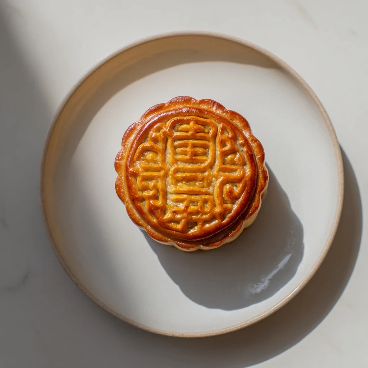 Glazed Mooncake cooling on a plate, showcasing tender crust and sweet paste after baking.
