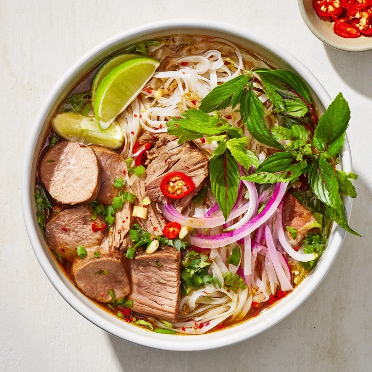 Spicy Bun Bo Hue served with aromatic broth, lime wedges, and crunchy bean sprouts.