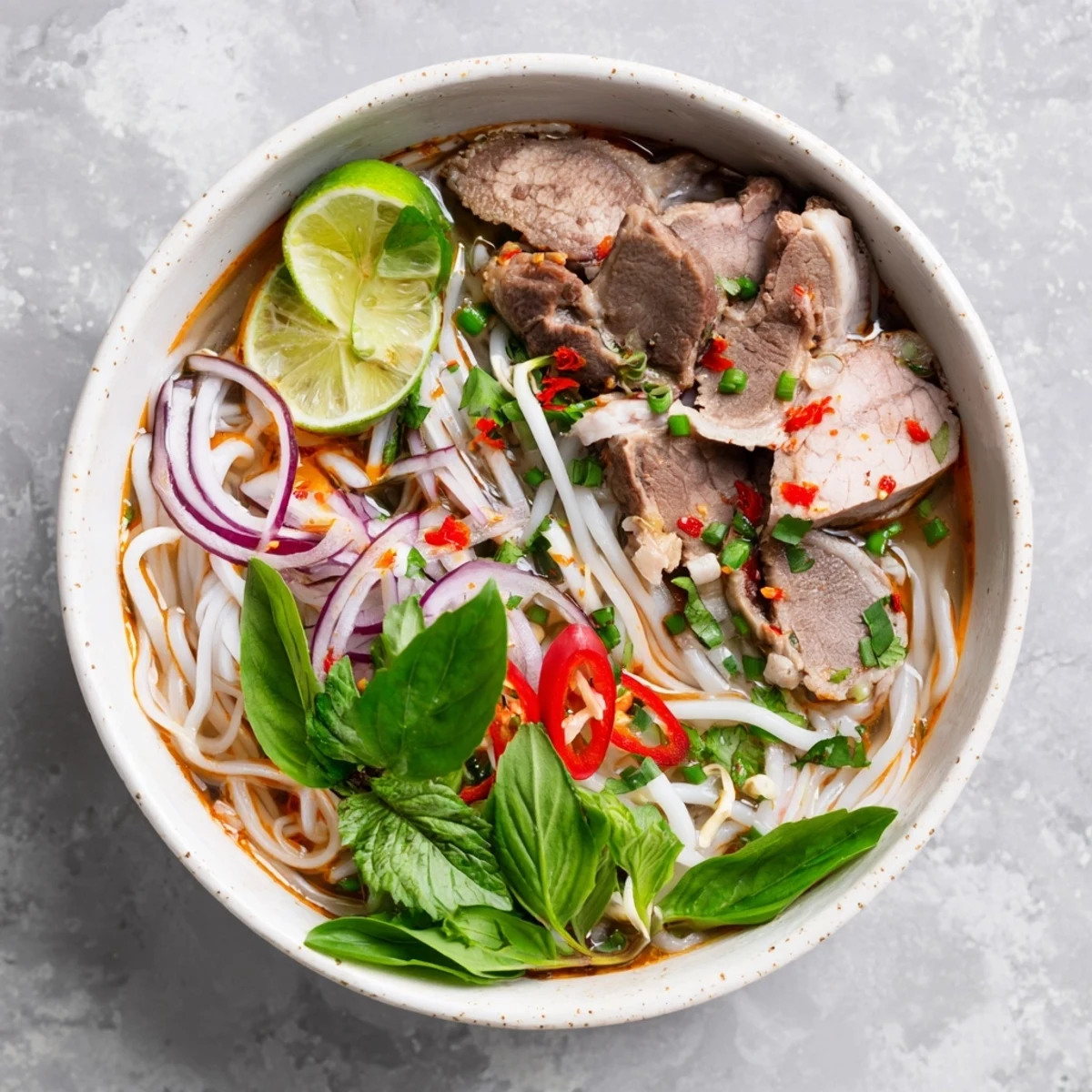 Aromatic Bun Bo Hue noodle soup with lemongrass broth, pork, and vibrant chili oil.