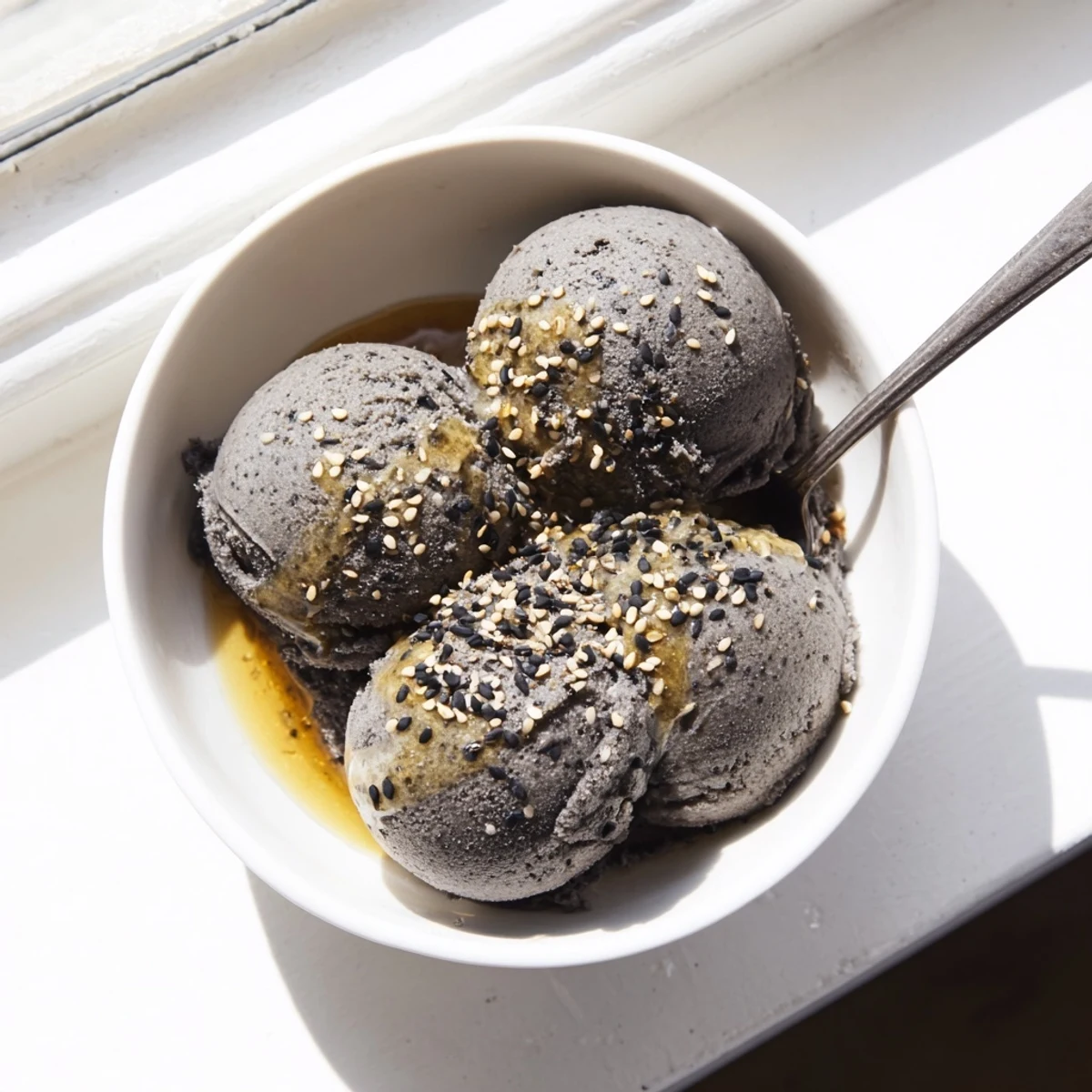 A scoop of Toasted Black Sesame Ice Cream in a bowl, topped with sesame seeds and a honey drizzle for extra flavor.