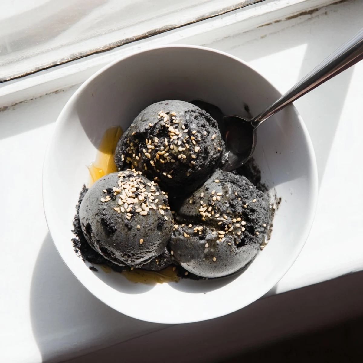 Rich, creamy Toasted Black Sesame Ice Cream in a ceramic cup, garnished with a toasted sesame seed sprinkle.