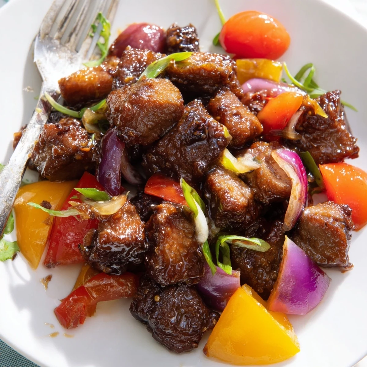 Sizzling Vietnamese Shaking Beef cubes are seared in a hot wok with crisp red onion and bell peppers on a platter.