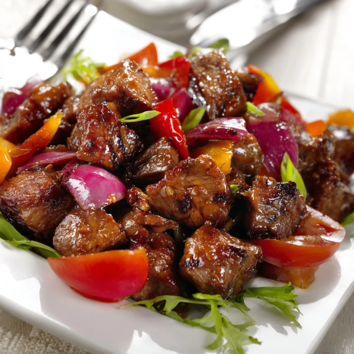 Vibrant Vietnamese Shaking Beef is served over watercress and tomatoes with a bright lime dipping sauce beside fluffy jasmine rice.