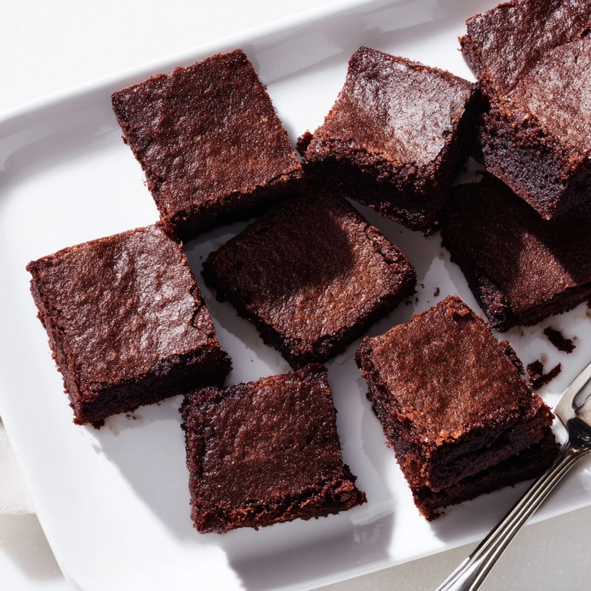 A batch of freshly baked Fudgy Brown Butter Mochi Brownies served on a plate with a scoop of vanilla ice cream.