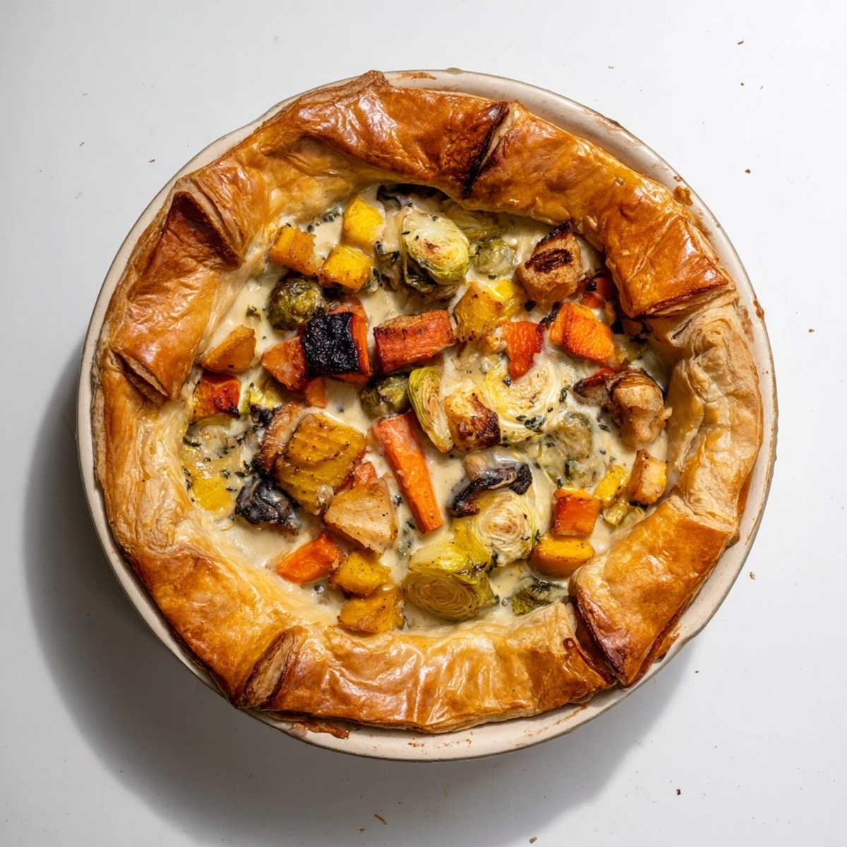 Freshly baked Leftover Roast Vegetable Pie emerges from the oven with a golden, flaky puff pastry crust, revealing a comforting filling of tender roasted carrots and potatoes.