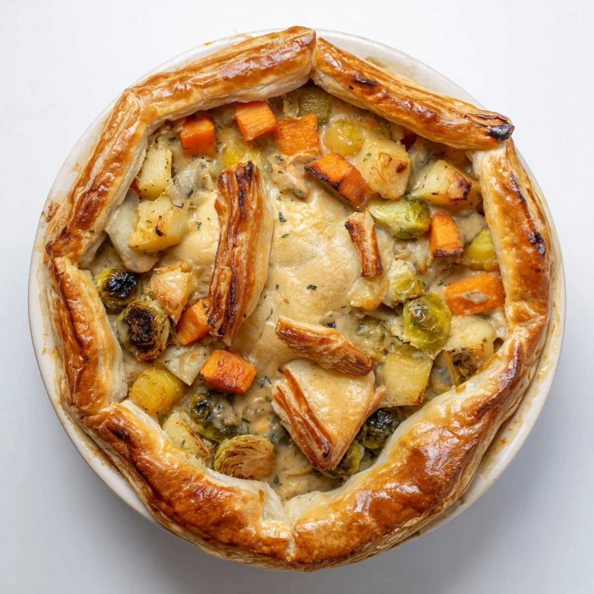 A close-up view of Leftover Roast Vegetable Pie reveals a bubbling, creamy vegetable filling inside a golden, flaky crust, sliced to show hearty interior layers.