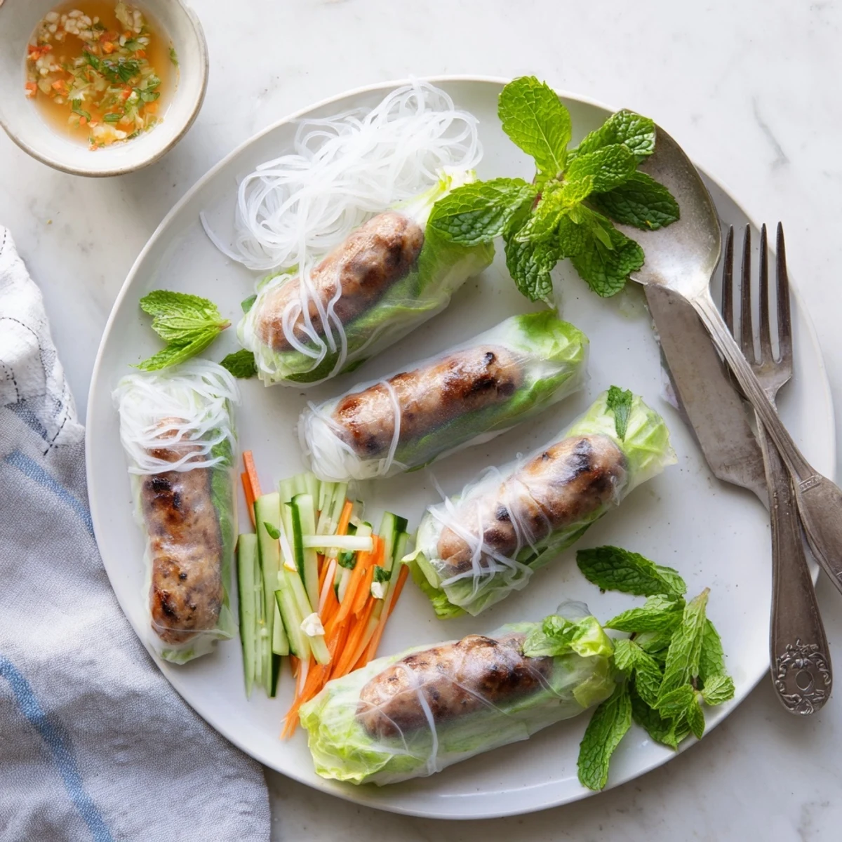 Bright nem nuong spring rolls on a white plate featuring vermicelli noodles, julienned carrots, and fresh mint leaves beside dipping sauce.