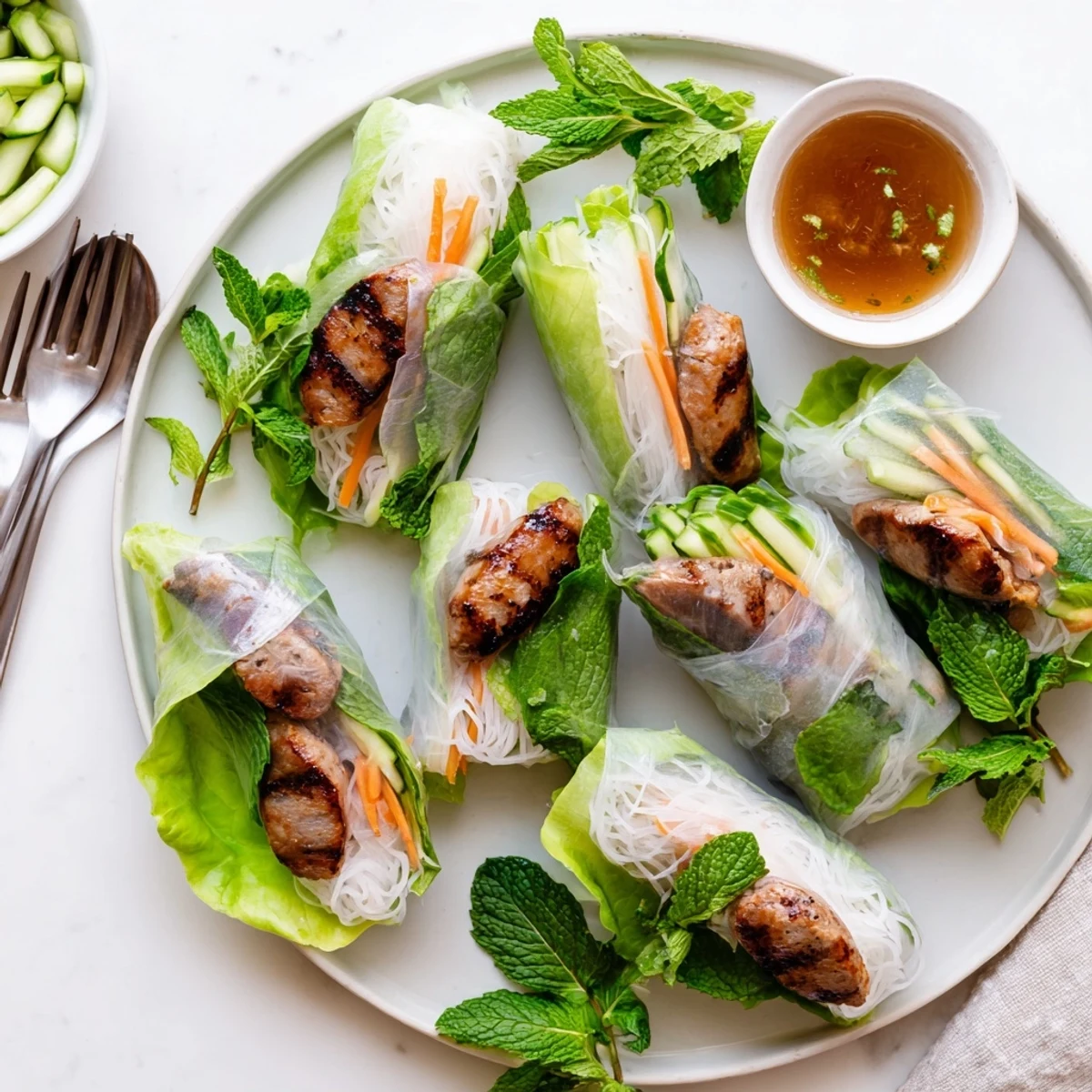 Freshly grilled nem nuong spring rolls arranged on a plate with crisp lettuce, herbs, and a small bowl of nuoc cham dipping sauce.