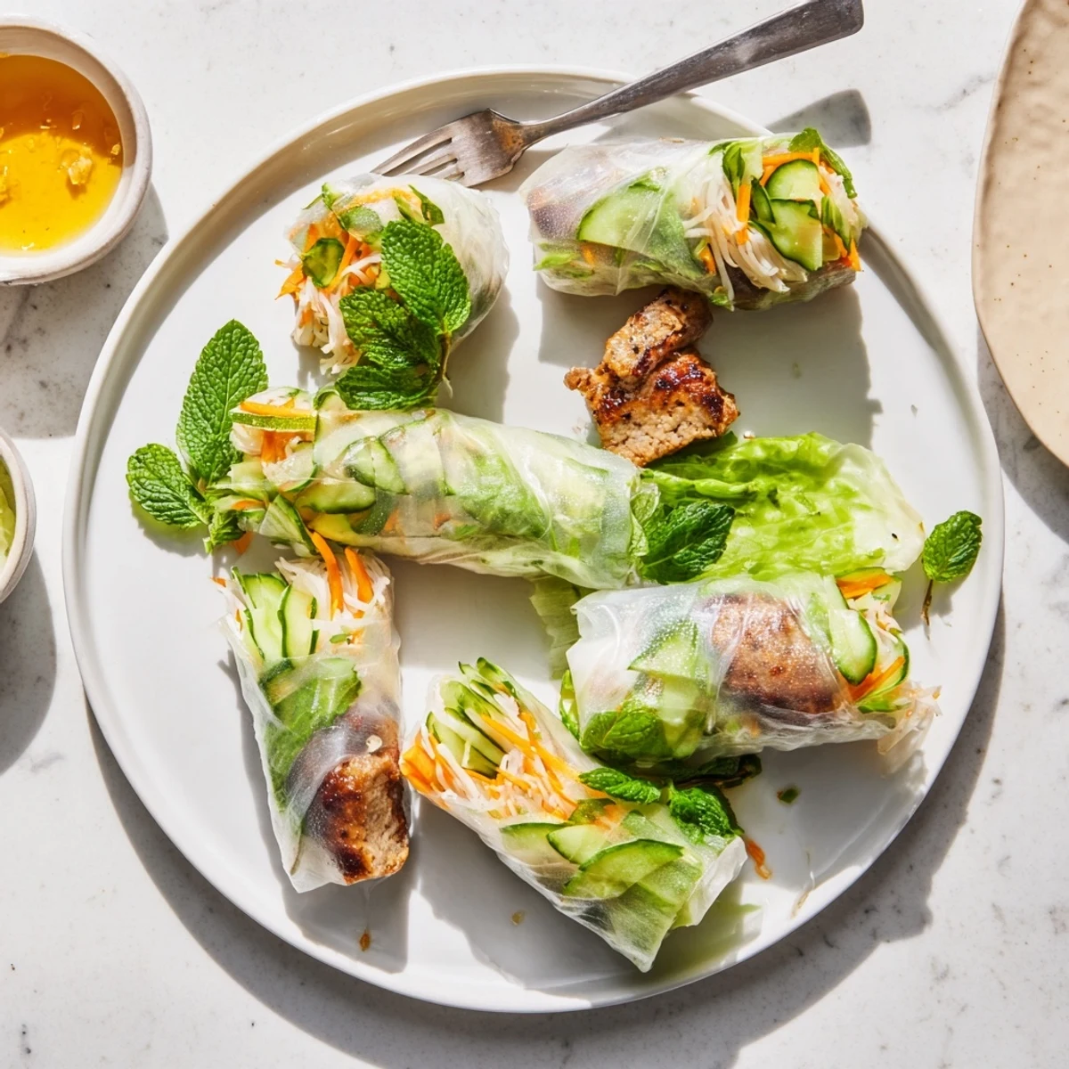 Close-up of a split nem nuong spring roll revealing savory grilled pork sausage, crunchy vegetables, and fragrant herbs inside rice paper.