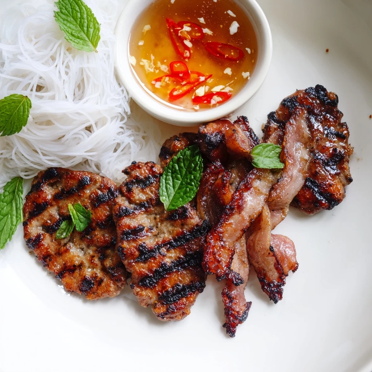 Grilled pork patties and rice vermicelli for Bun Cha Hanoi arranged with fresh herbs and dipping sauce.