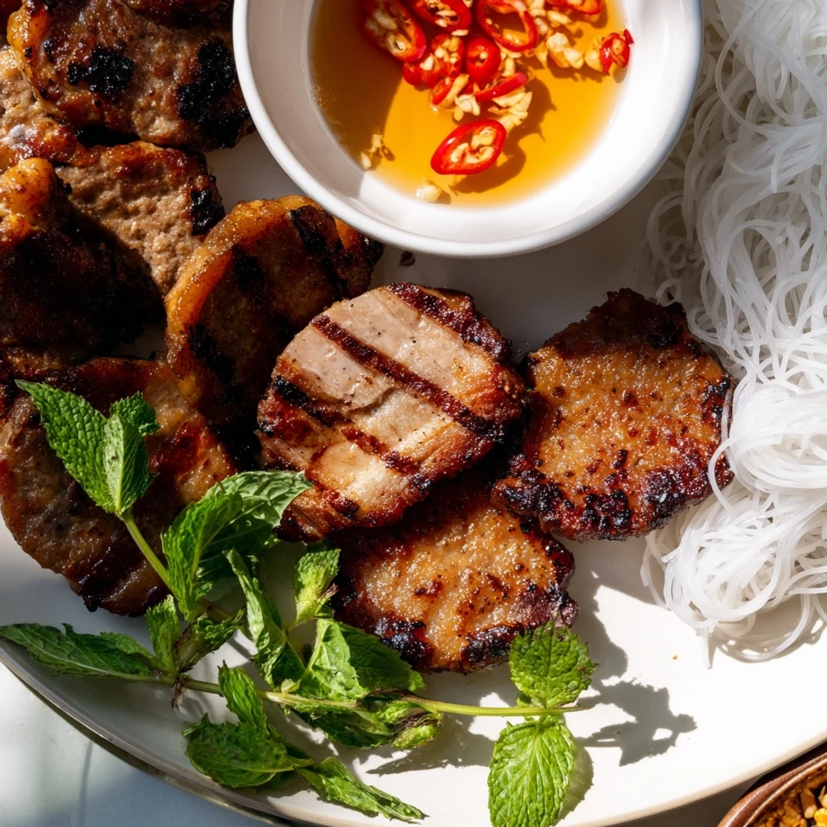 A close-up of Bun Cha Hanoi showing caramelized pork, lettuce, mint, and a vibrant bowl of nuoc cham.