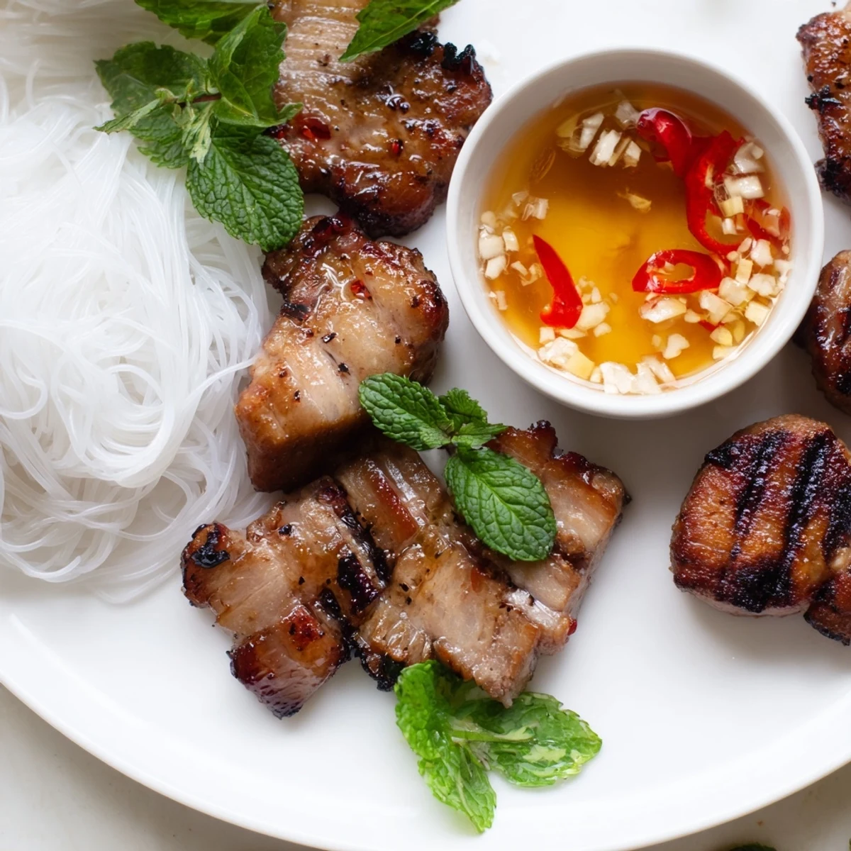 Steaming Bun Cha Hanoi served with vermicelli noodles, fresh herbs, and a tangy Vietnamese dipping sauce.