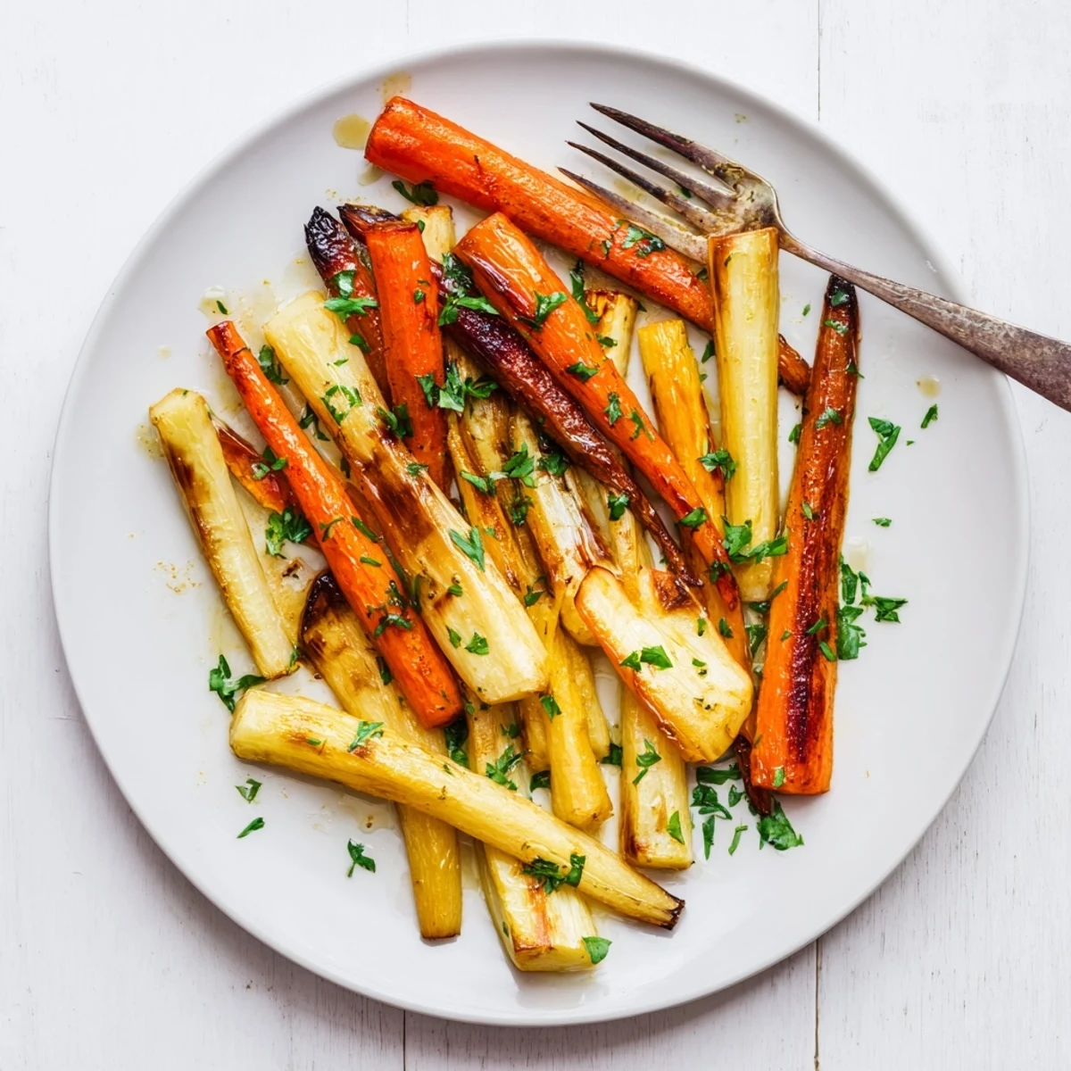 Roasted Tarragon and Honey Parsnips and Carrots feature golden, caramelized edges and fresh herbs on a platter.
