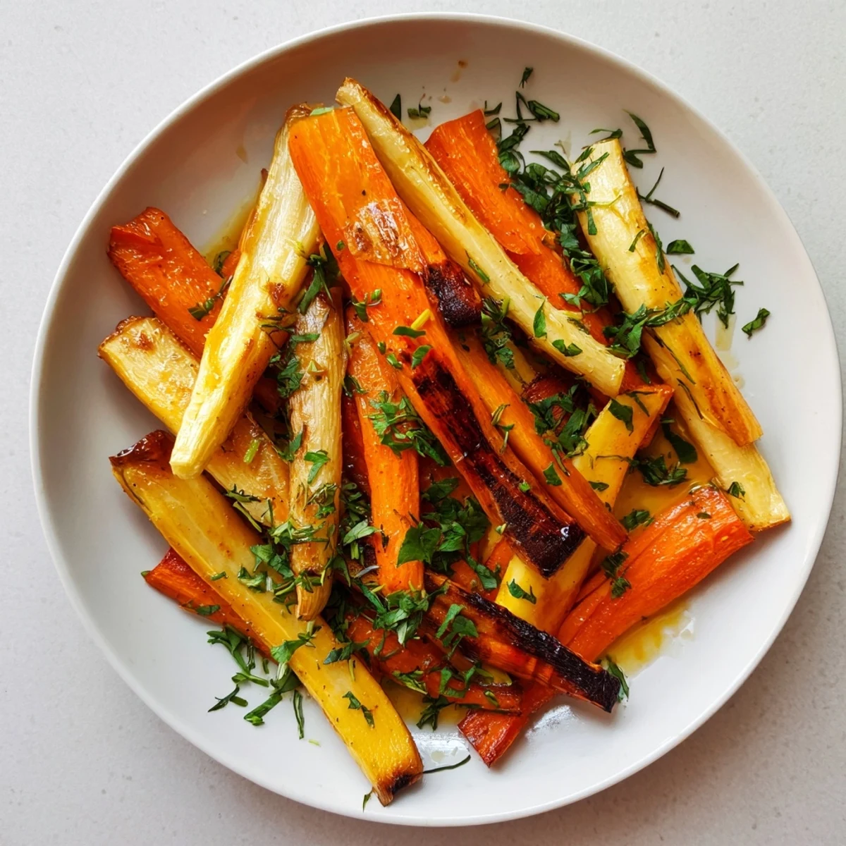 A close-up of Tarragon and Honey Parsnips and Carrots glistening with honey, garnished with fresh parsley and tarragon.