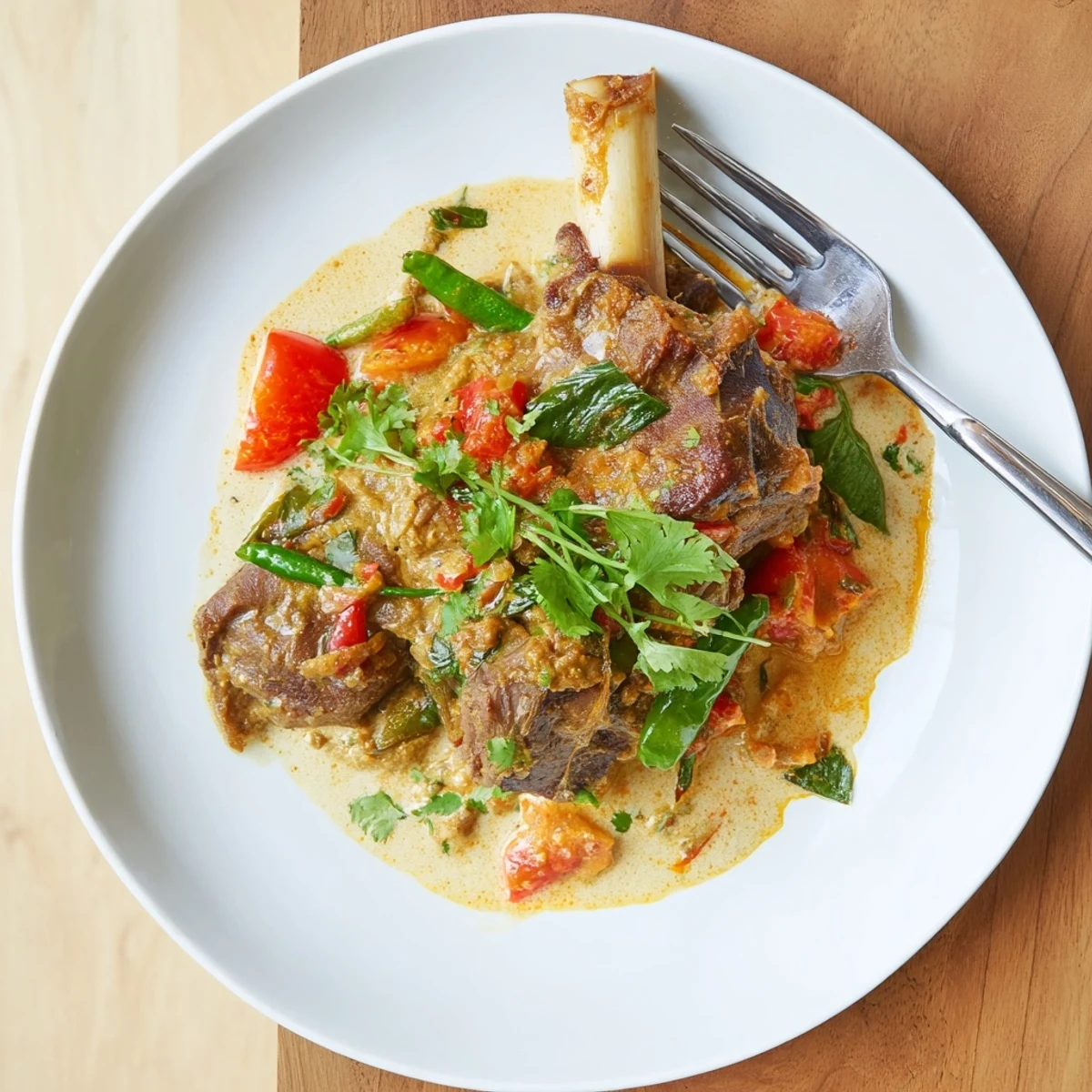 Steaming bowl of Sri Lankan Lamb Shank Curry served over white rice with fresh cilantro garnish.