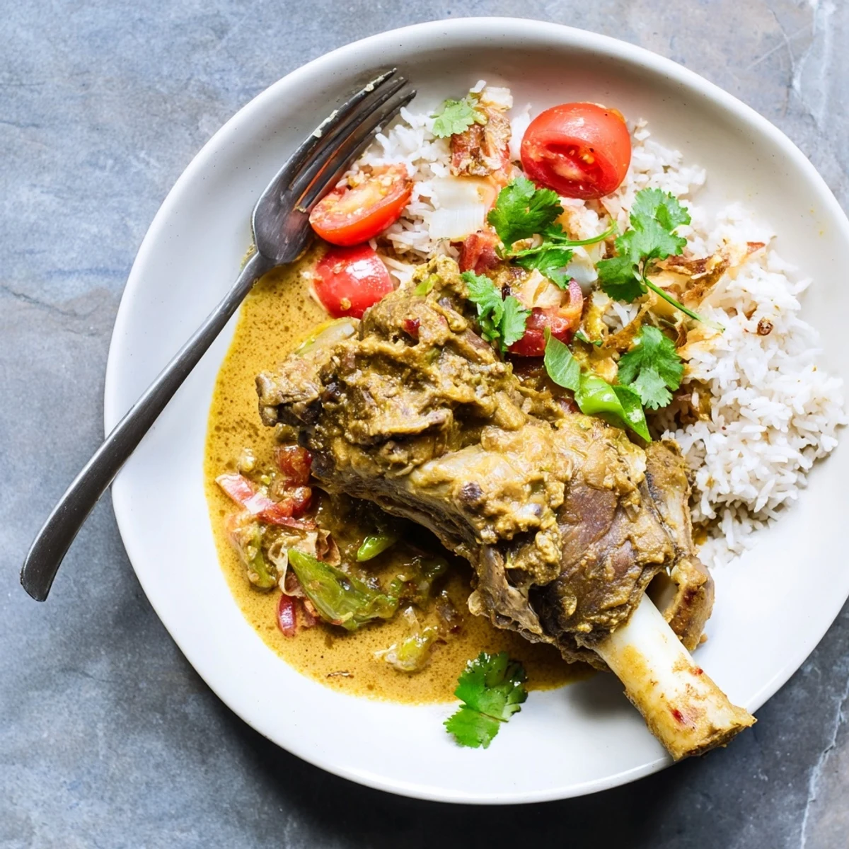 Fork-tender lamb shanks in a rich, aromatic coconut curry sauce, ready to serve with roti.