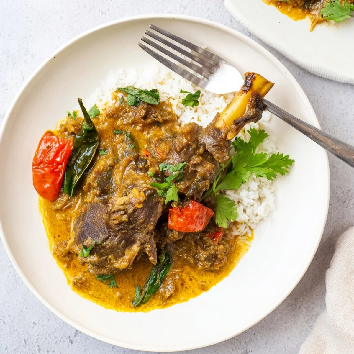 Sizzling Sri Lankan Lamb Shank Curry simmering with spices in a Dutch oven, garnished with coriander.