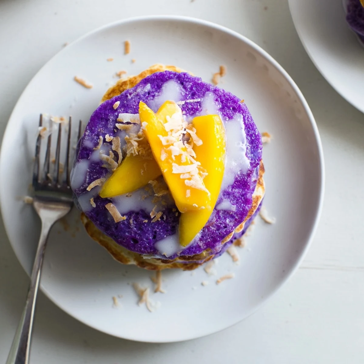 Filipino fusion ube mochi pancakes with a soft, sticky texture on a cozy breakfast plate.