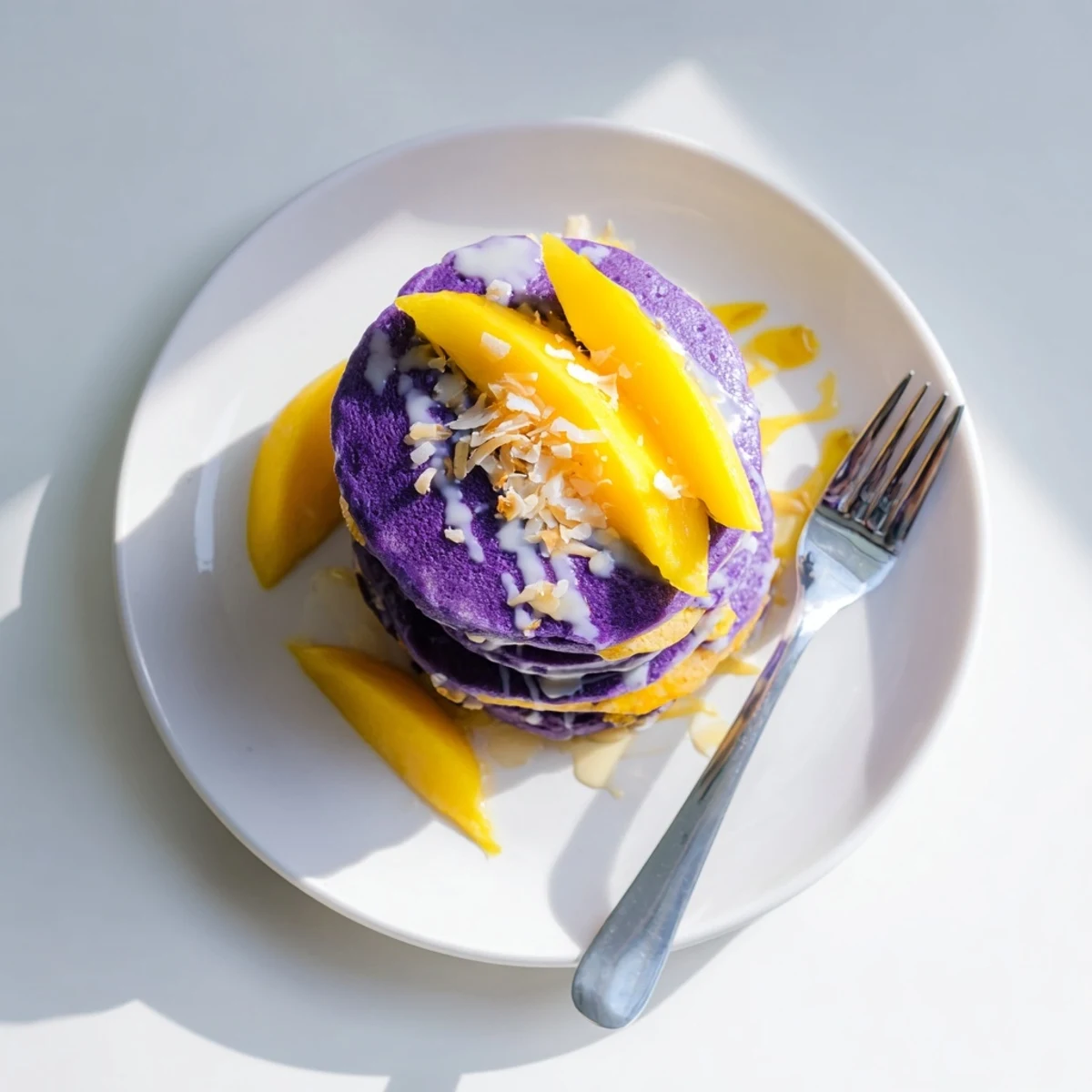 Chewy gluten-free ube mochi pancakes served warm with a drizzle of syrup and fresh fruit.