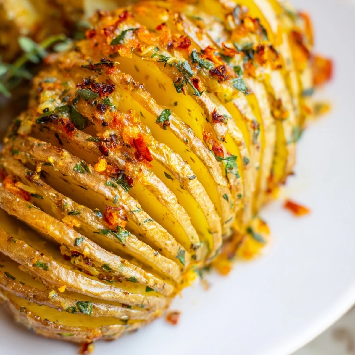 Roast Herb Chilli and Orange Butter Hasselback Potatoes with aromatic butter melting between potato slices on a warm baking tray.