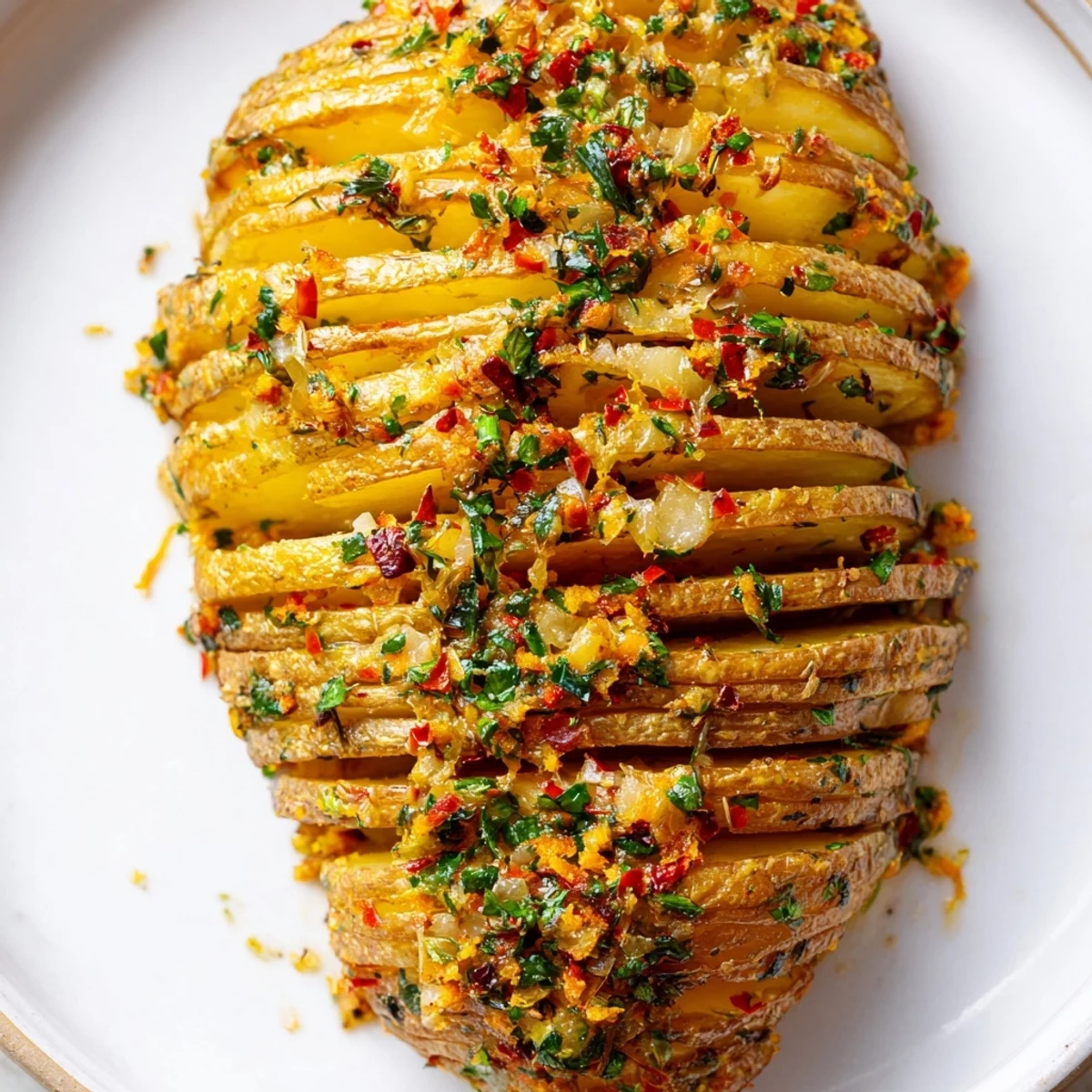 Vibrant roast herb chilli and orange butter hasselback potatoes garnished with fresh herbs and orange zest, plated for a festive dinner.