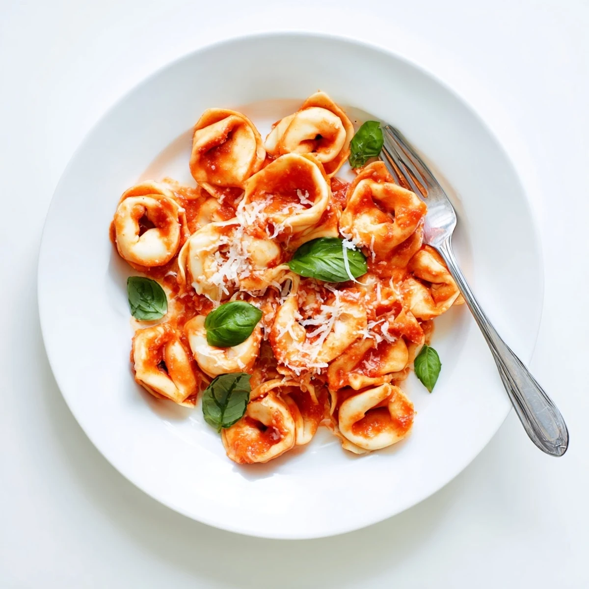 Steaming platter of homemade Mozzarella Tortellini in a rich tomato sauce, served as a cozy vegetarian weeknight dinner.