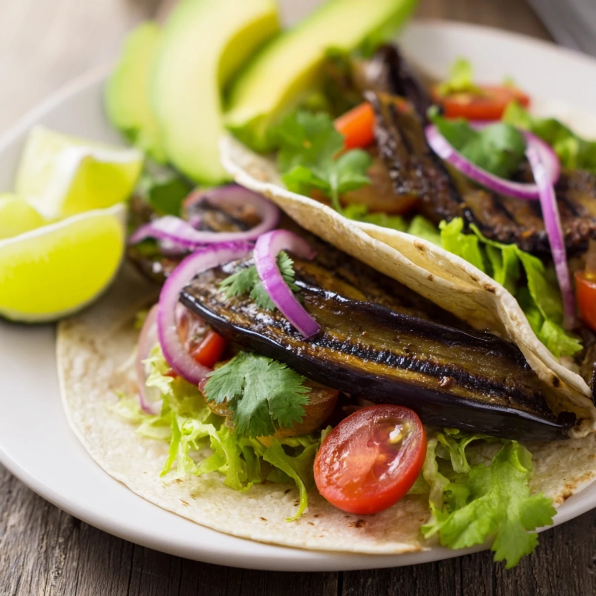 Grilled Charred Eggplant Tacos with smoky char marks on warm corn tortillas topped with fresh lettuce and tomatoes.