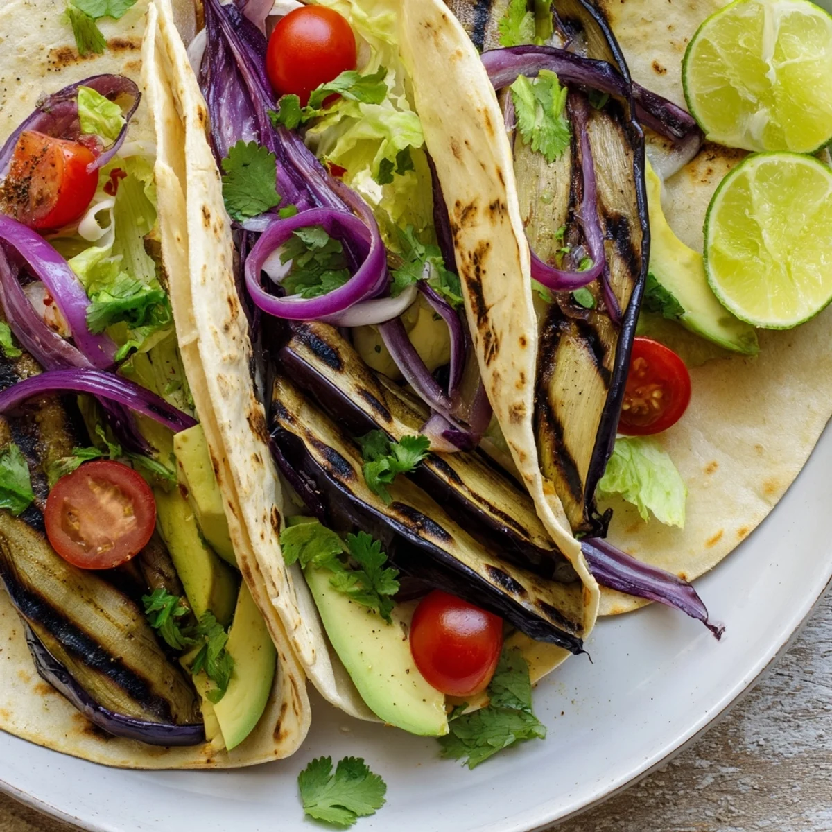 Close-up of Charred Eggplant Tacos filled with tender eggplant, cilantro garnish, and hot sauce drizzle for extra spice.