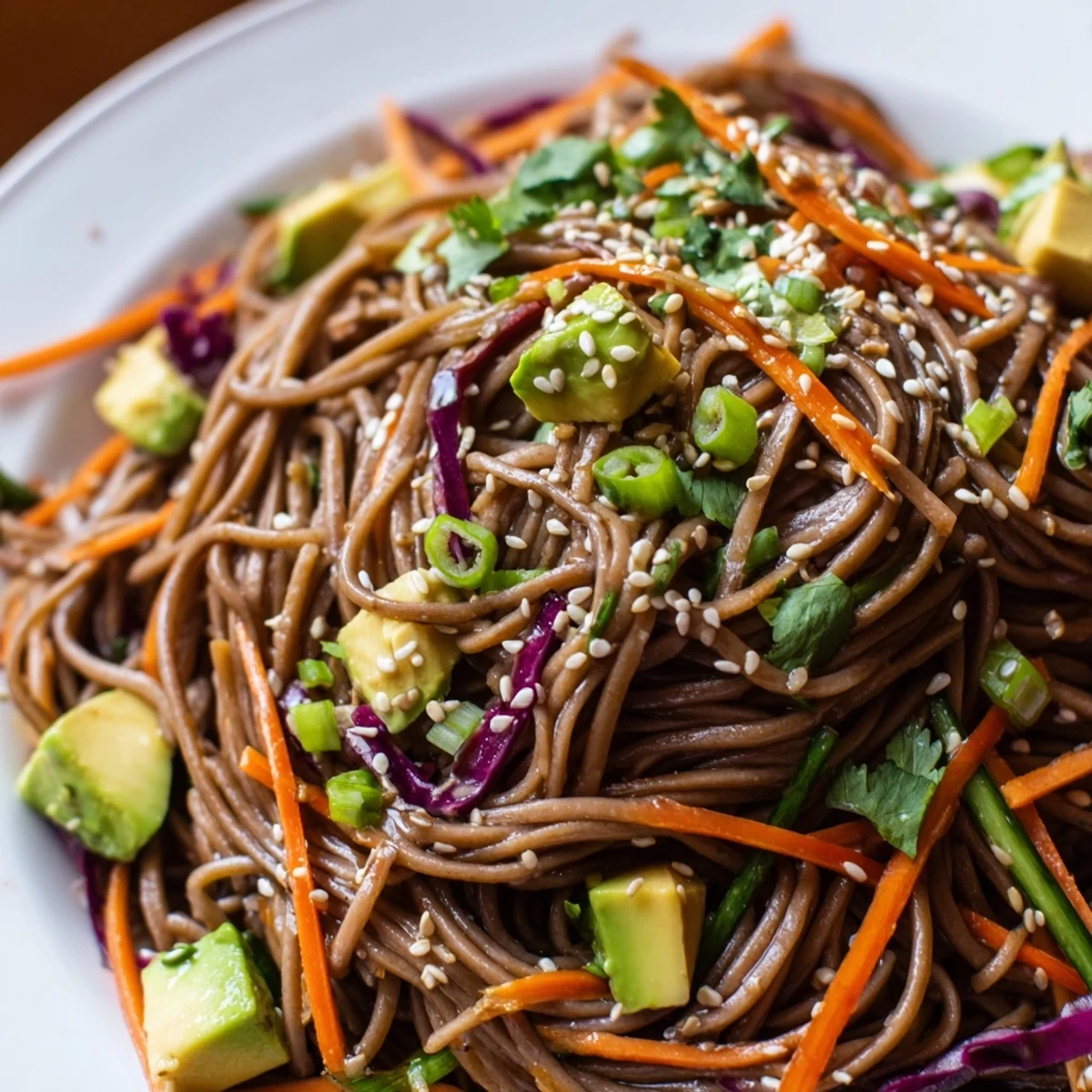 Sesame Avocado and Soba Noodle Salad served chilled in a white bowl, featuring vibrant red cabbage and julienned carrot.