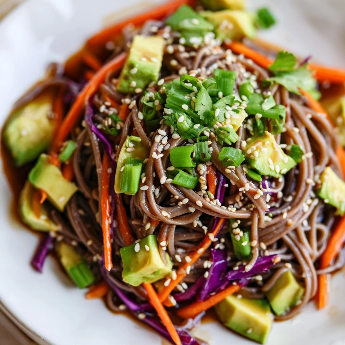 A refreshing serving of Sesame Avocado and Soba Noodle Salad drizzled with savory sesame dressing and garnished with toasted sesame seeds.