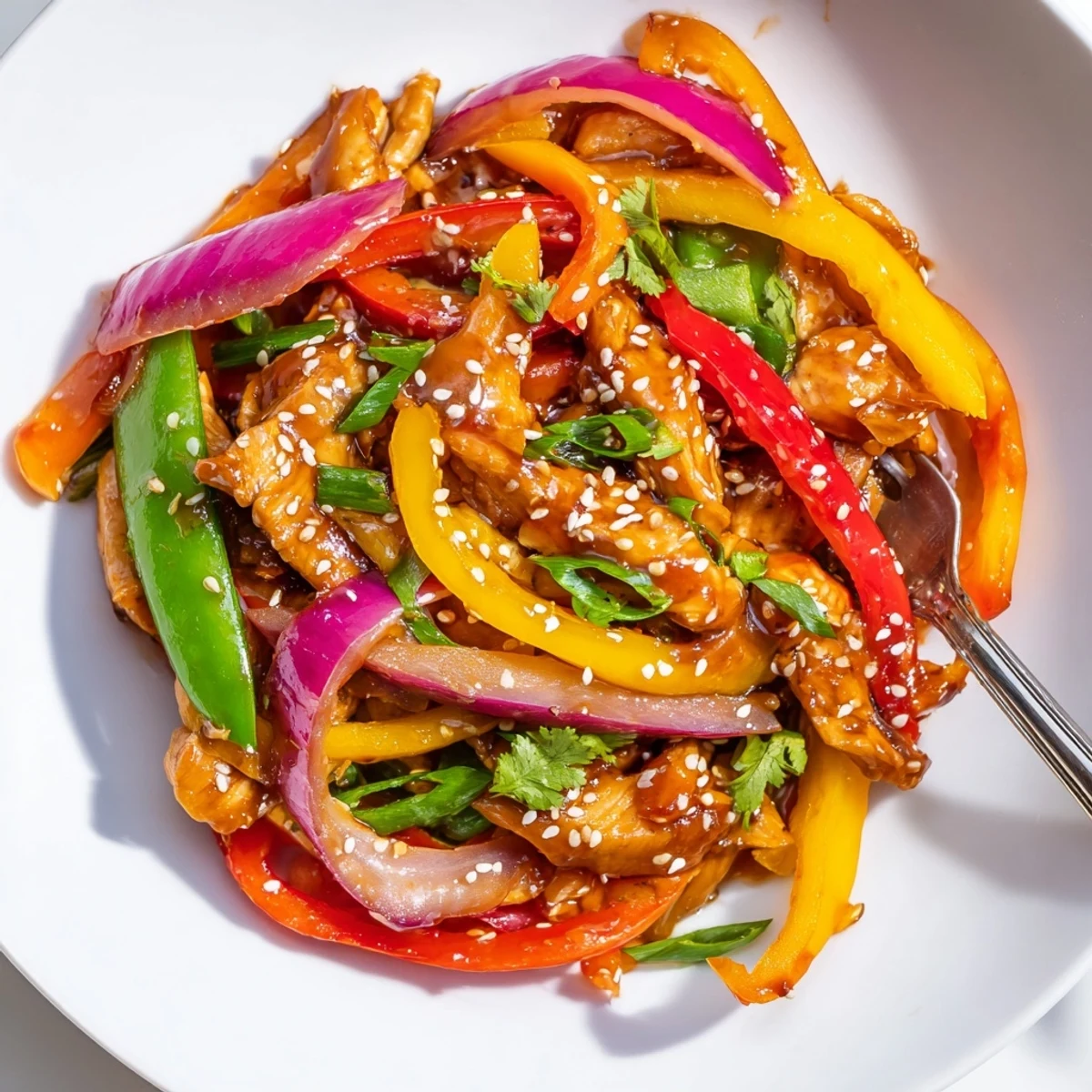 A close-up of Quick Sweet Chilli Chicken Stir Fry served over fluffy jasmine rice with sesame seeds.