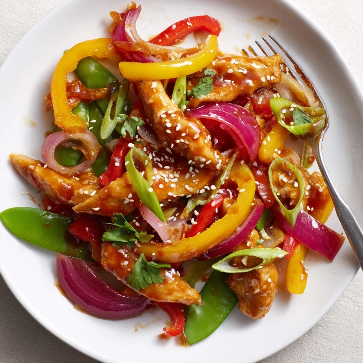 Quick Sweet Chilli Chicken Stir Fry with tender chicken and crisp red bell peppers sizzling in a wok.