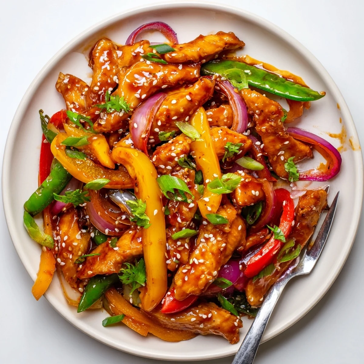 Vibrant Quick Sweet Chilli Chicken Stir Fry featuring juicy chicken and sugar snap peas in a glossy sauce.